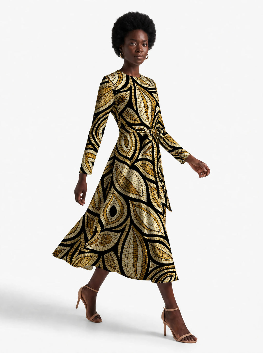 "Ashanti" Viscose Midi Dress — three-quarter view on model, hand in the side pocket
