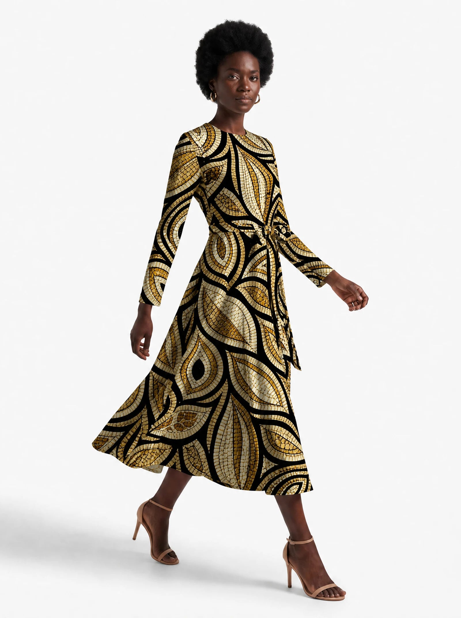 "Ashanti" Viscose Midi Dress — three-quarter view on model, hand in the side pocket