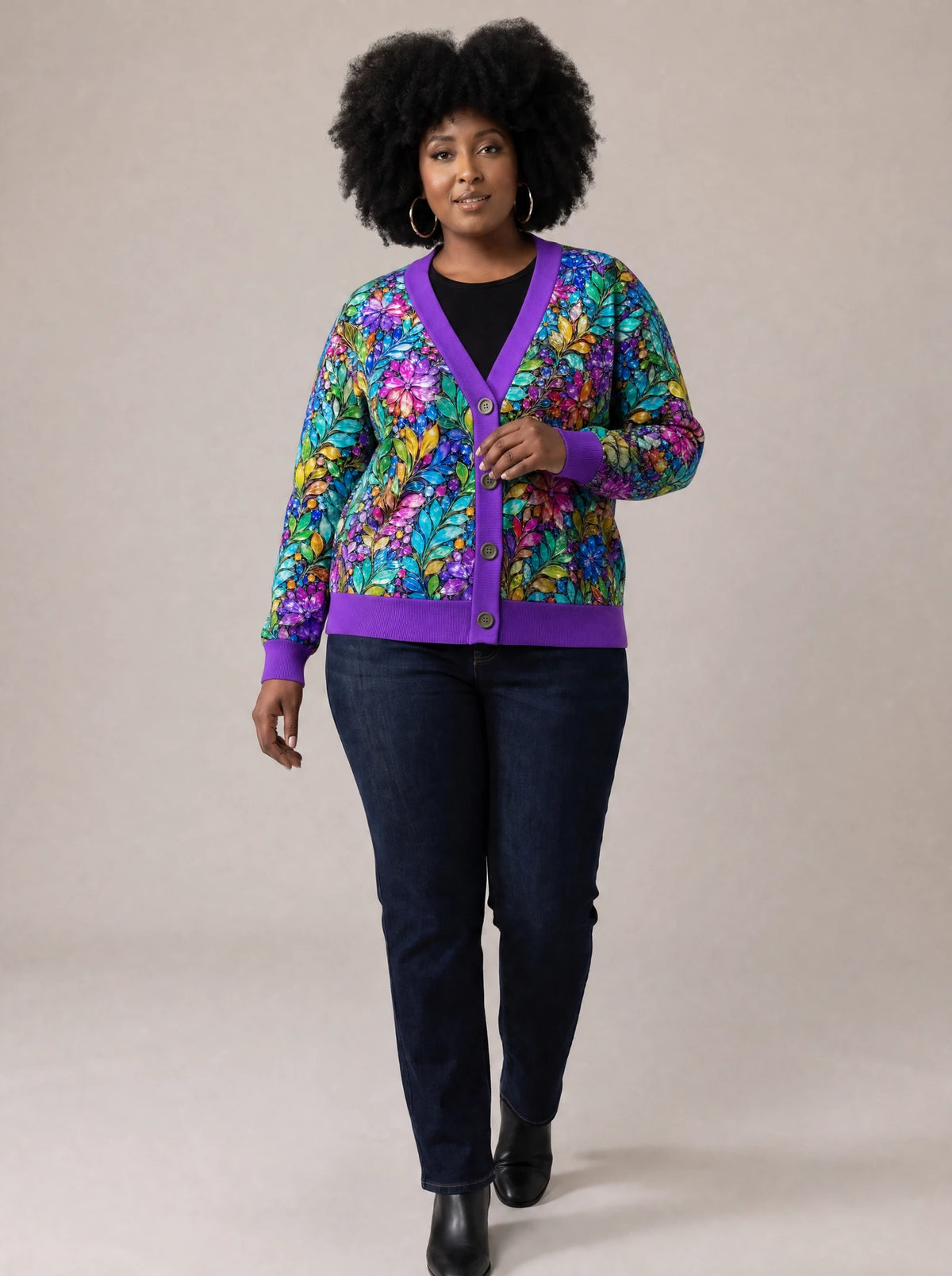 "Upinde" Cardigan — three-quarter view on model