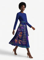 "Blue Orchid" Long Sleeve Midaxi Dress — walking, three-quarter view on model