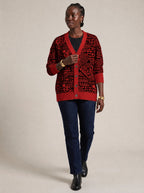 "Shaka" Burgundy Knitted Cardigan — three-quarter view on model