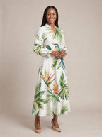 "Ndege" Long Puff Sleeve Dress — walking, three-quarter view on model