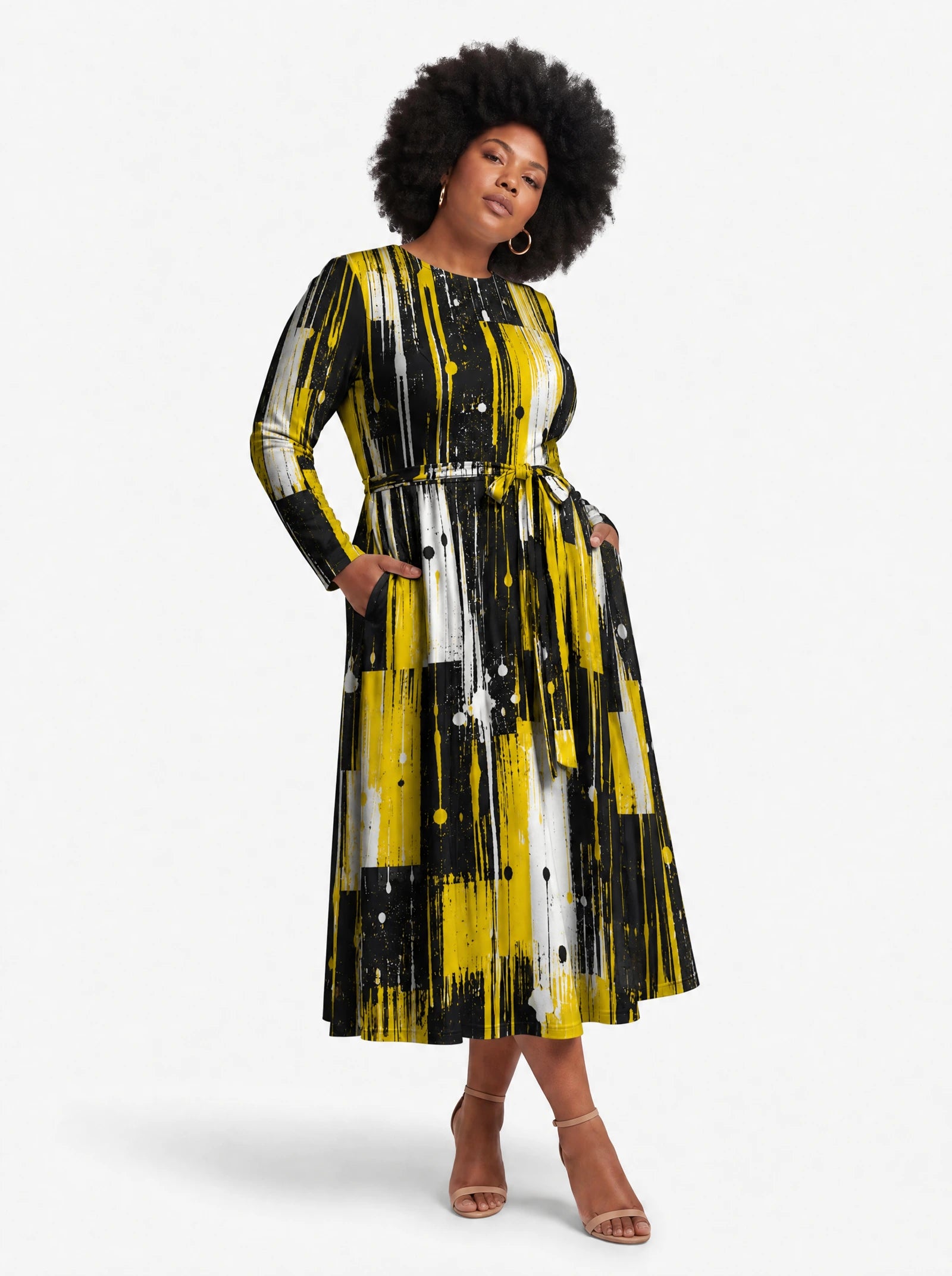 "Mvua" Viscose Midi Dress — three-quarter view on model, hand in the side pocket