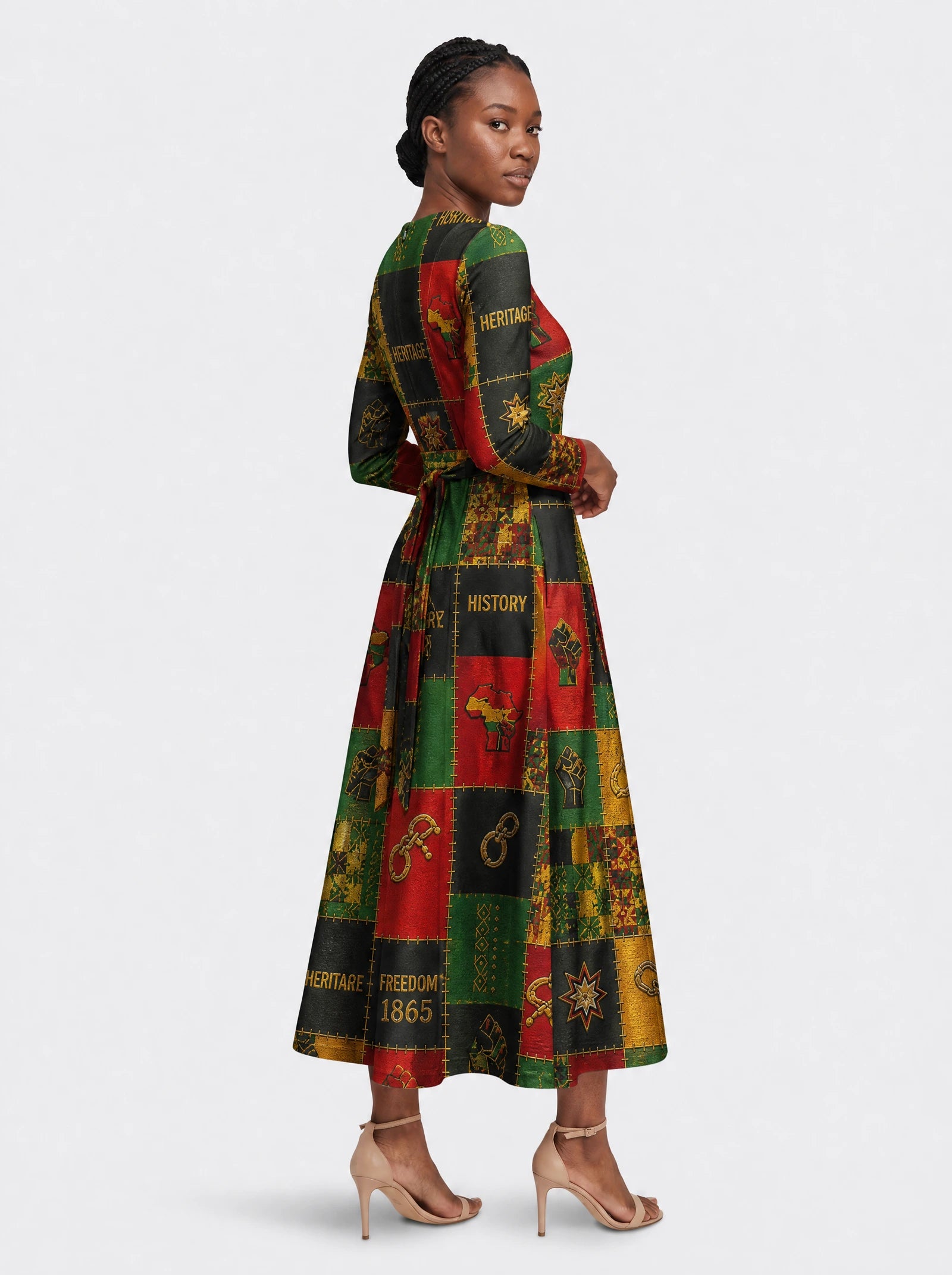 "Kumbuka" Viscose Midi Dress — three-quarter view on model, hand in the side pocket