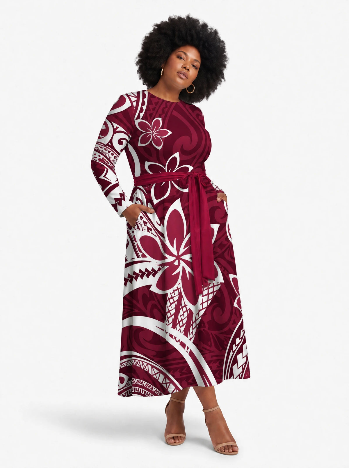 "Lehua" Long Sleeve Midaxi Dress — walking, three-quarter view on model