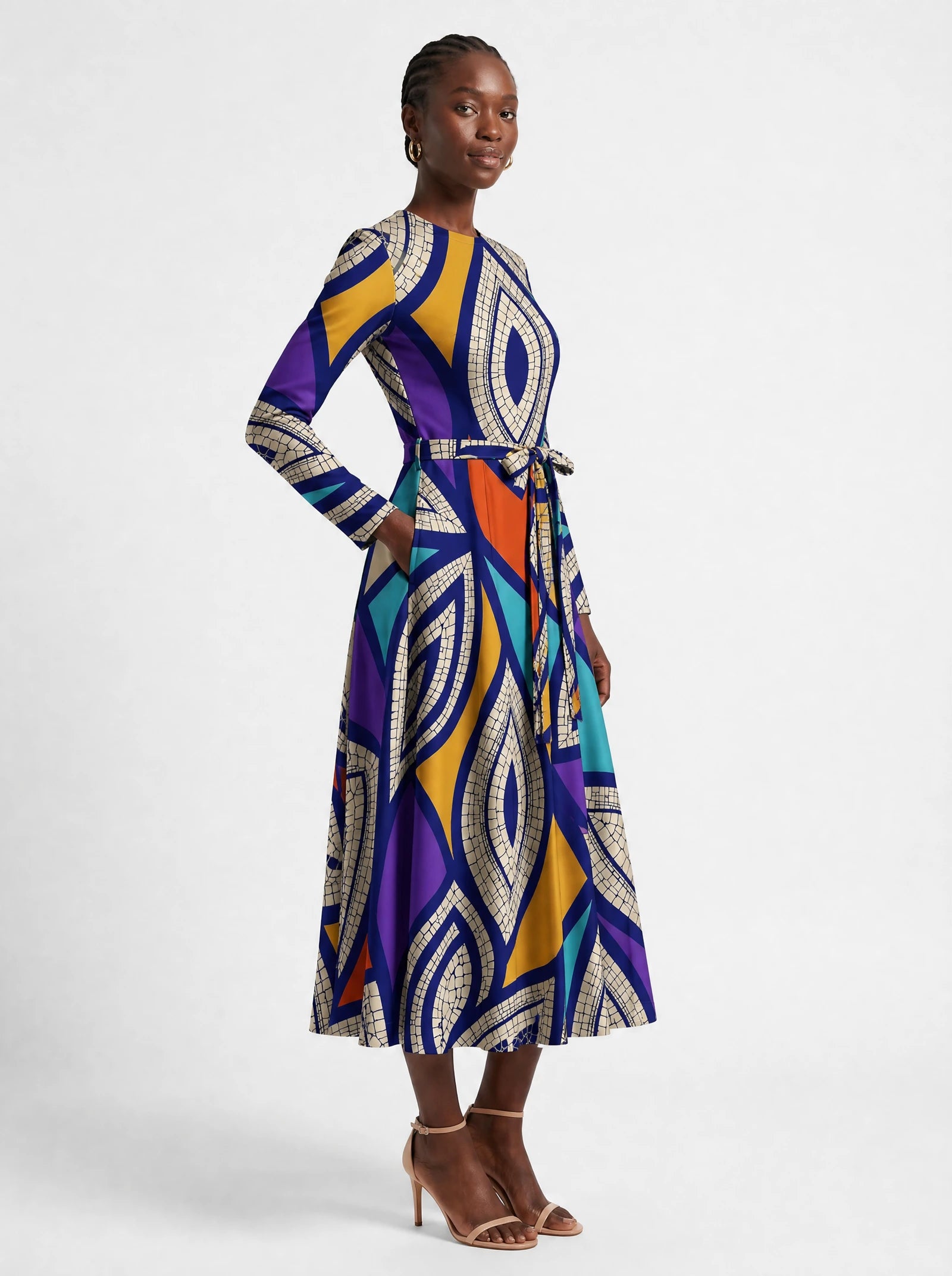 "Johari" Viscose Midi Dress — three-quarter view on model, hand in the side pocket
