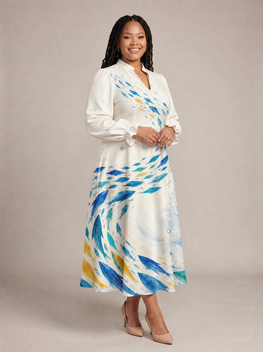 "Samaki" Long Puff Sleeve Dress — walking, three-quarter view on model