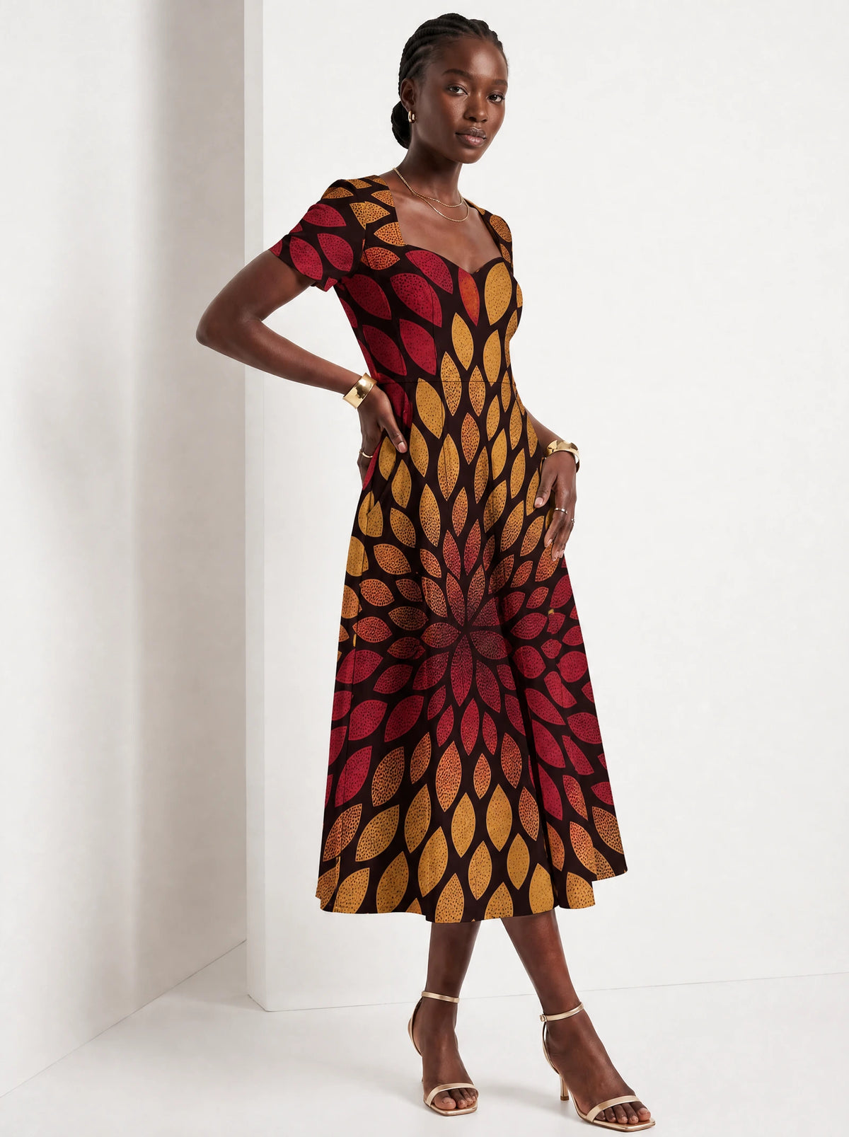"Mavuno" Sweetheart Midi Dress — three-quarter view on model