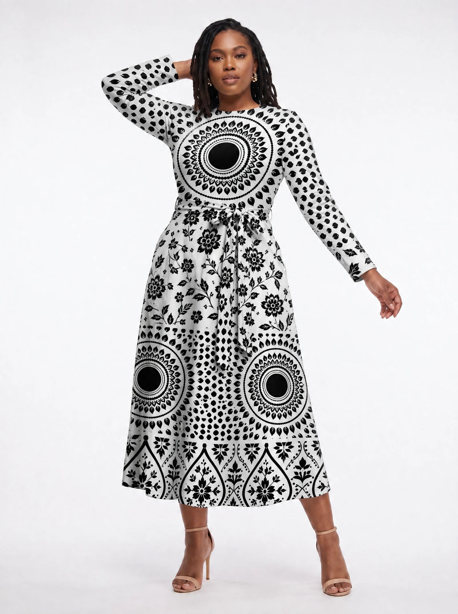 "Mwanga" Viscose Midi Dress — three-quarter view on model, hand in the side pocket