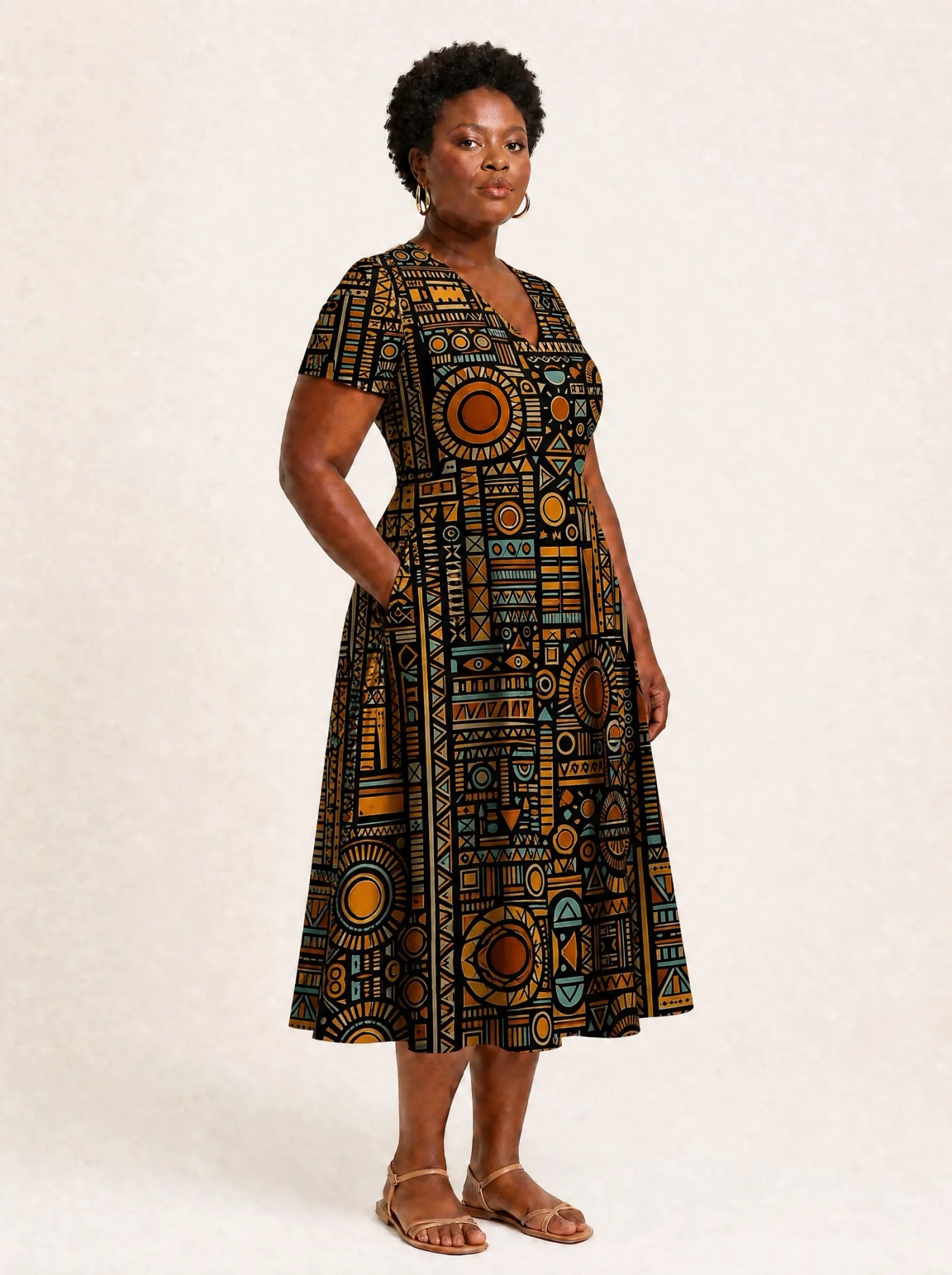 "Afrocentric Pattern" V Neck Midi Dress Promo