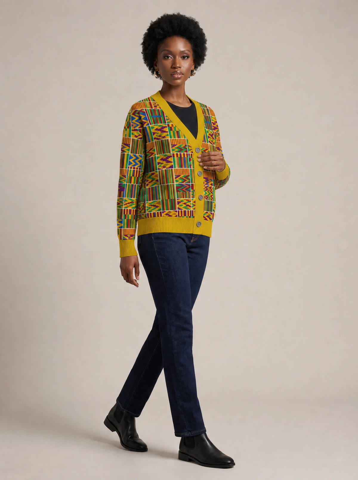 "Shangwe" Cardigan — three-quarter view on model