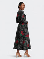 "Mwiba" Halloween Long Sleeve Midaxi Dress — walking, three-quarter view on model