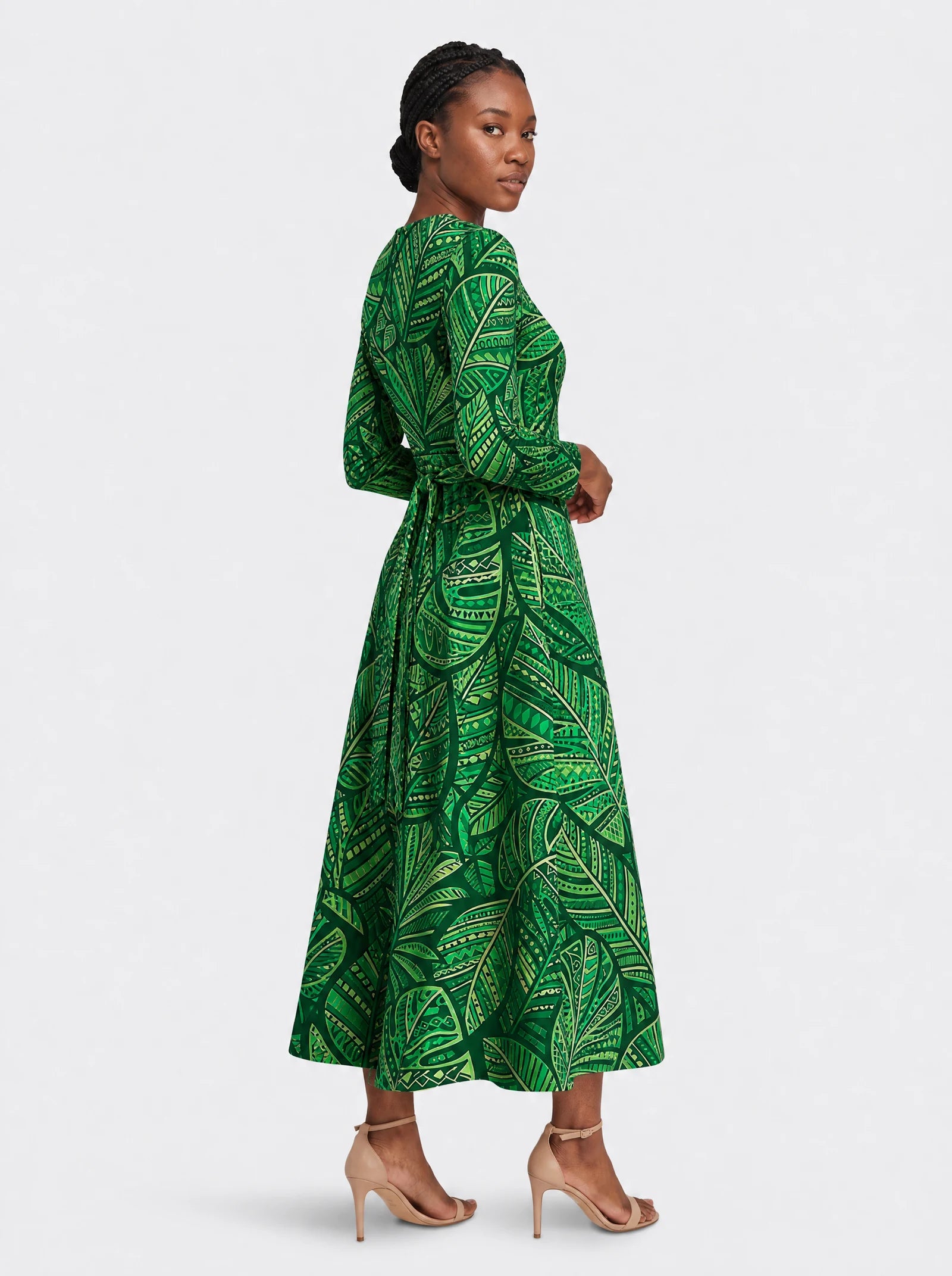 "Asili" Viscose Midi Dress — three-quarter view on model, hand in the side pocket