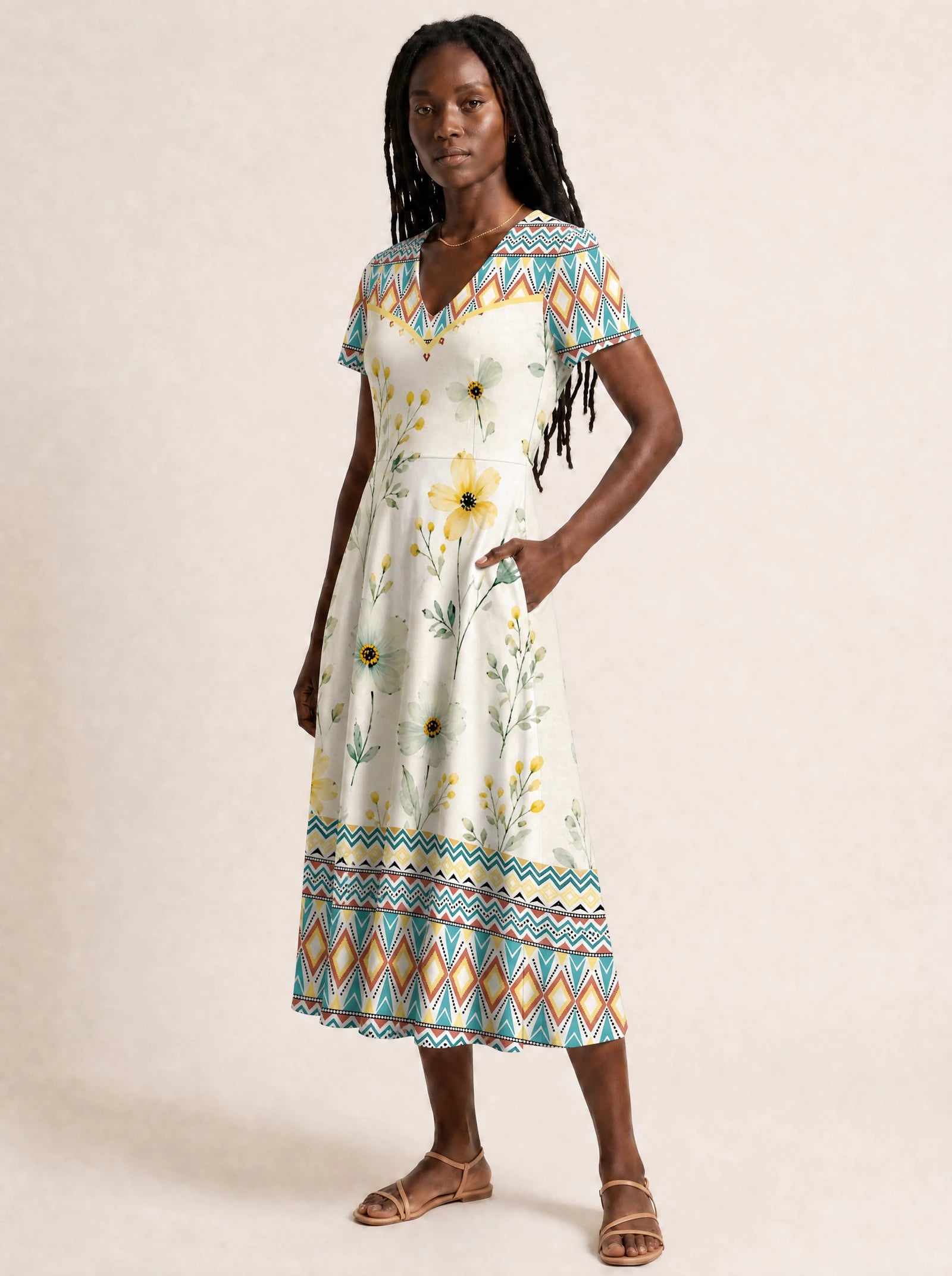 "Alizeti" V Neck Midi Dress