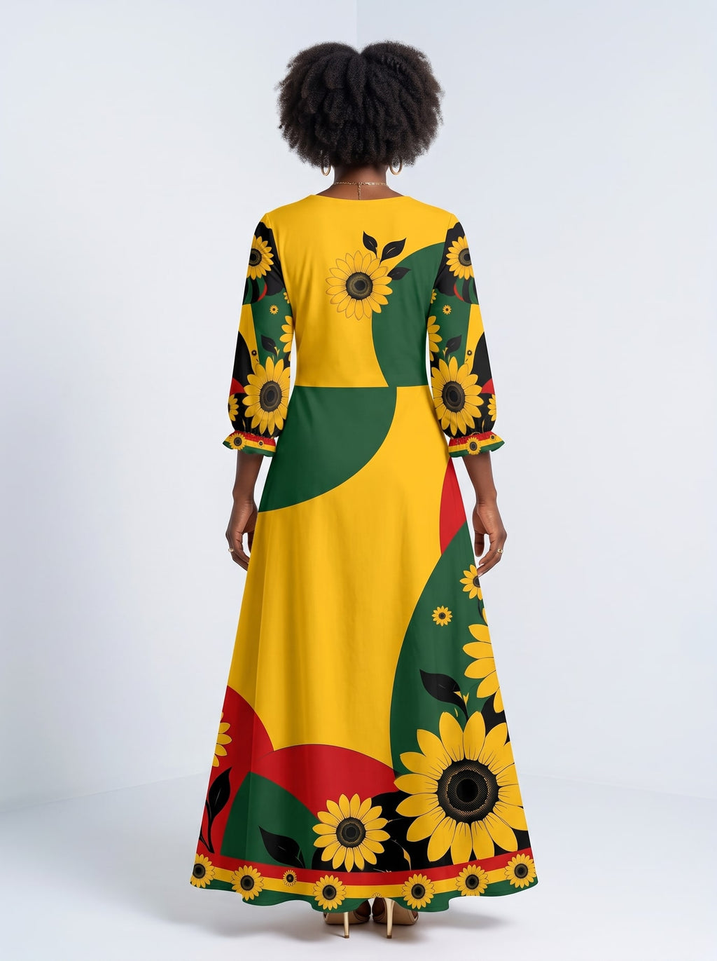"August Queen Sunflower" Long Sleeve Maxi Dress