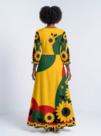 "August Queen Sunflower" Long Sleeve Maxi Dress