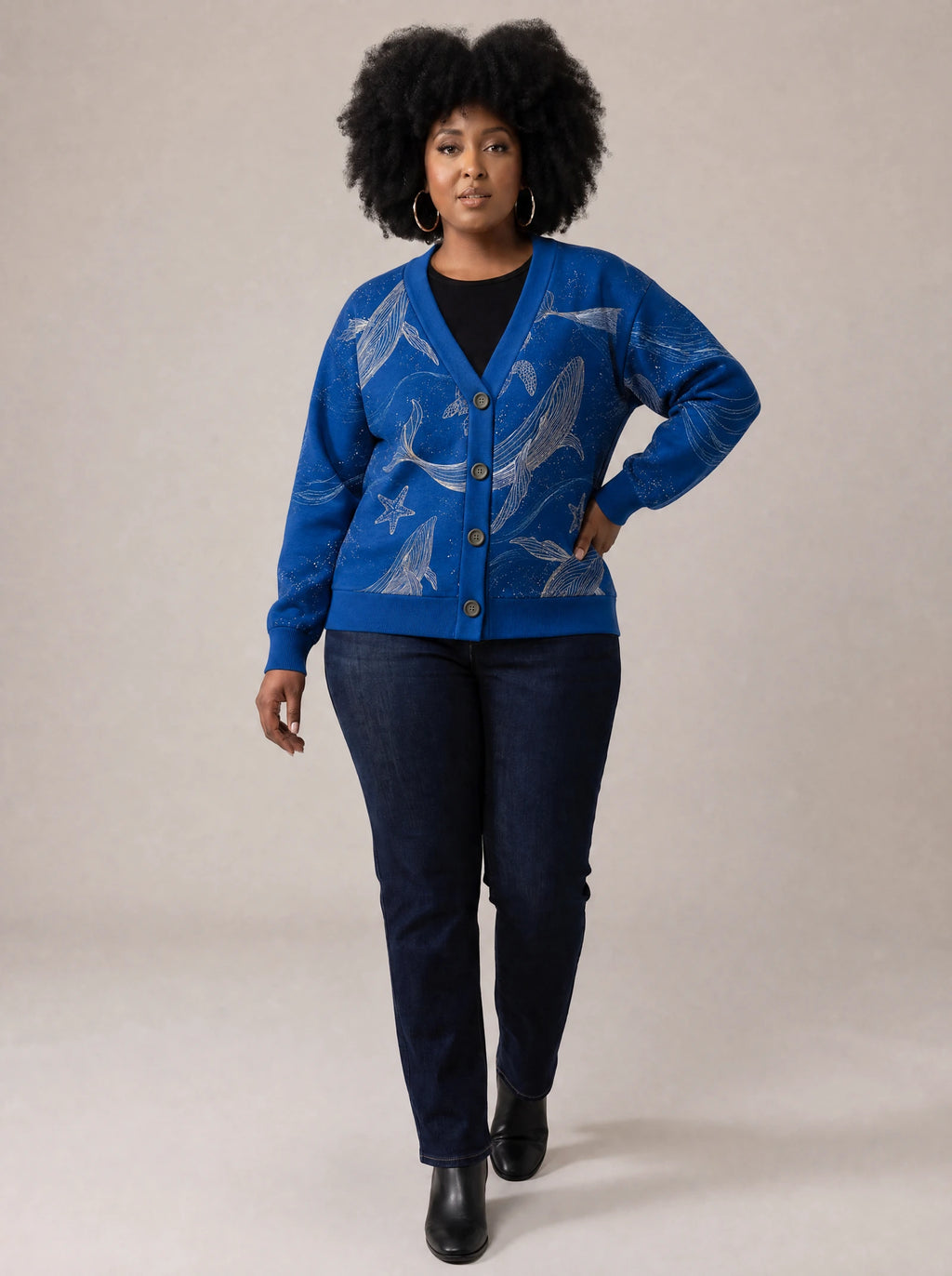 "Pwani" Cardigan — three-quarter view on model