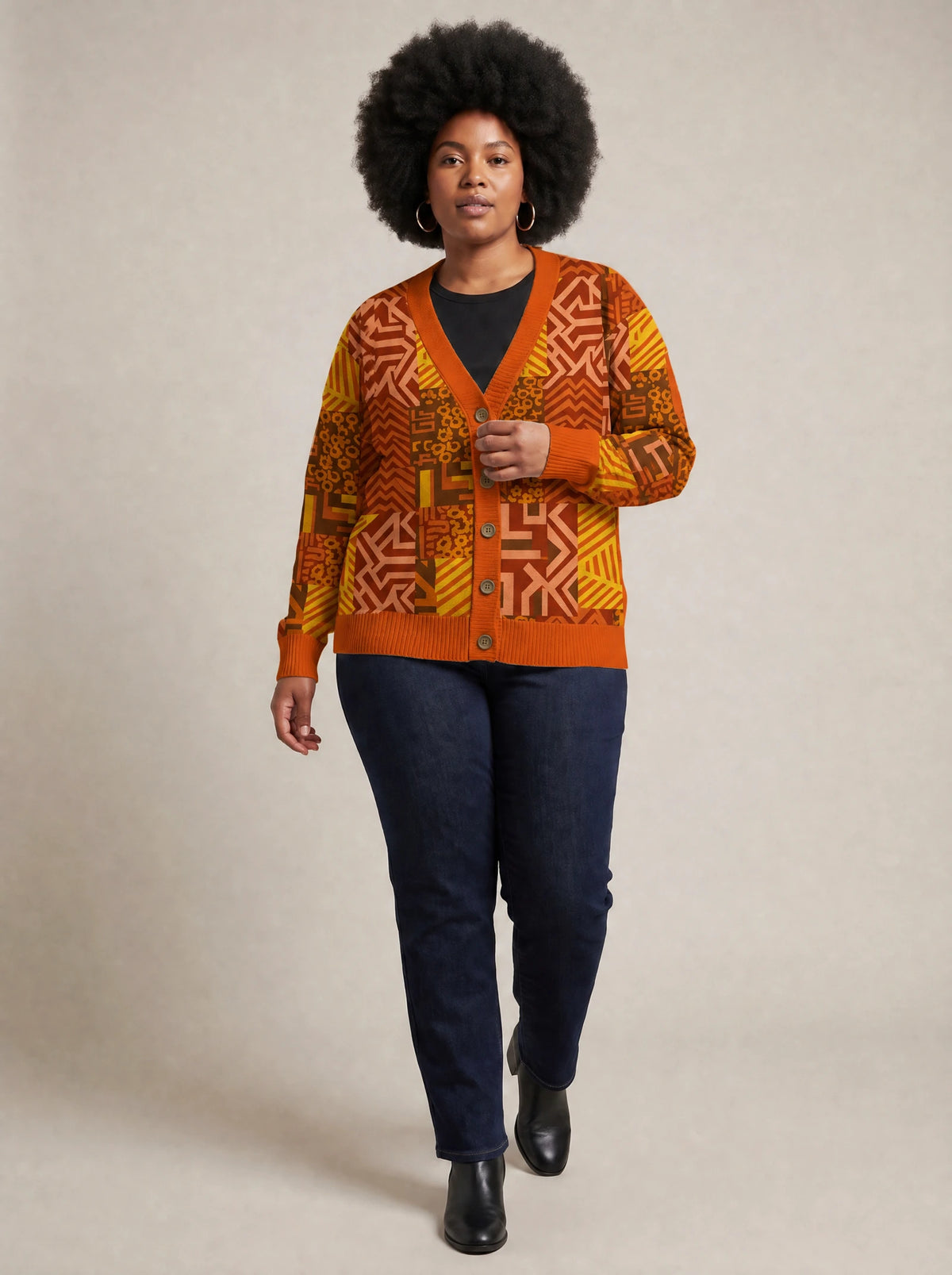 "Viraka" Cardigan — three-quarter view on model