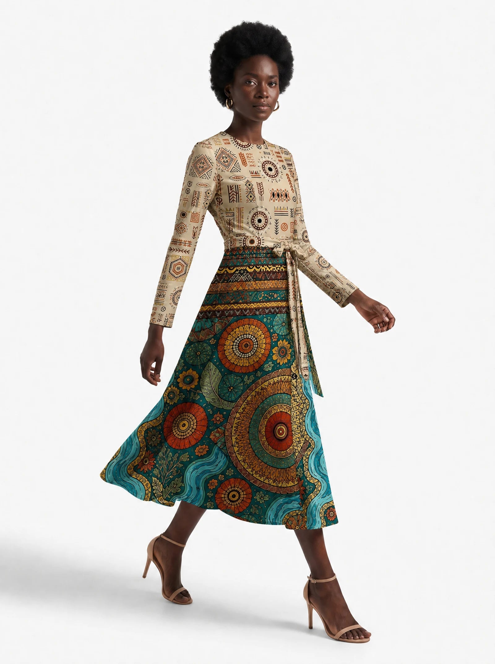 "Mto" Viscose Midi Dress — three-quarter view on model, hand in the side pocket