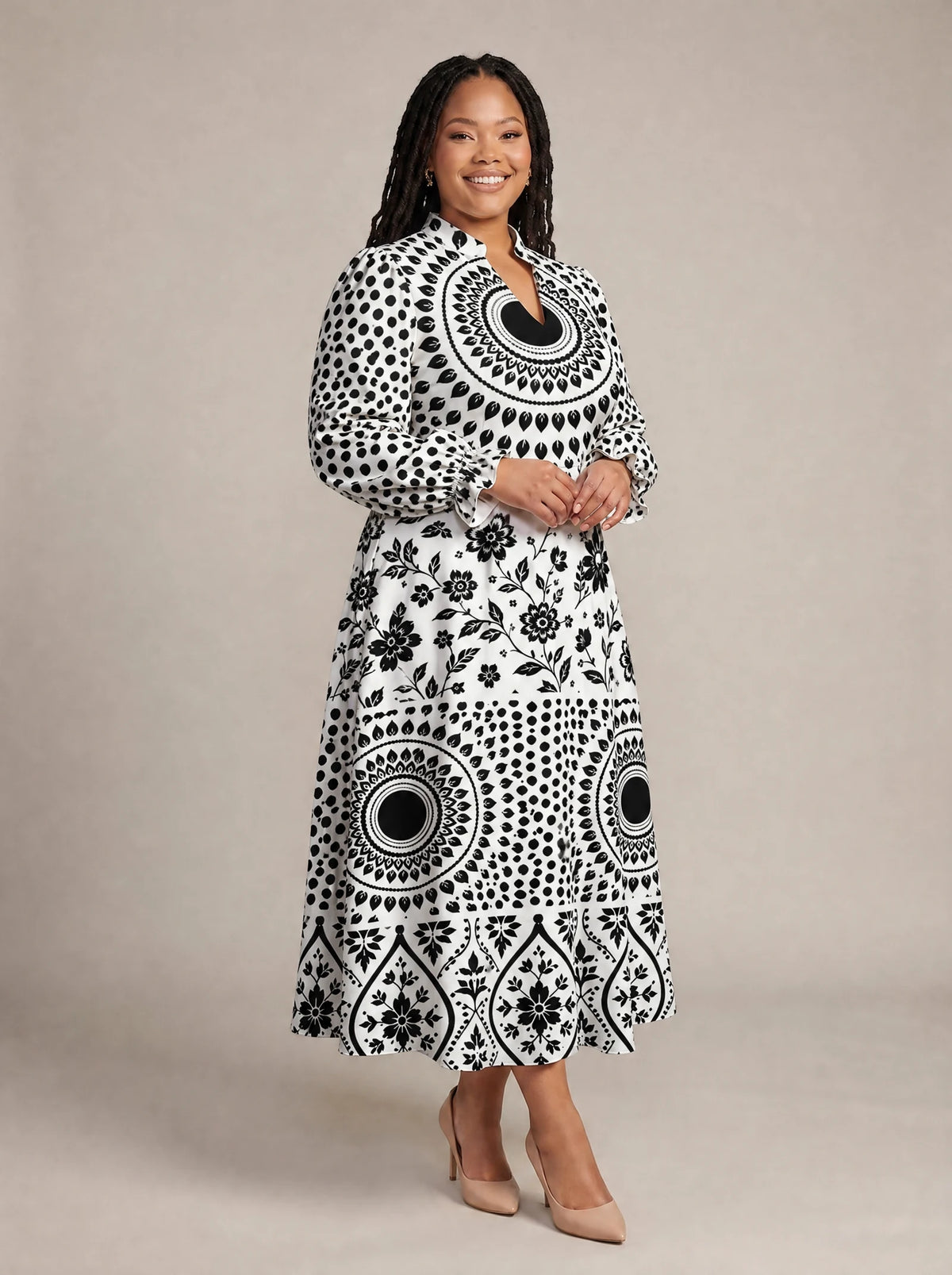 "Mwanga" Long Puff Sleeve Dress — walking, three-quarter view on model