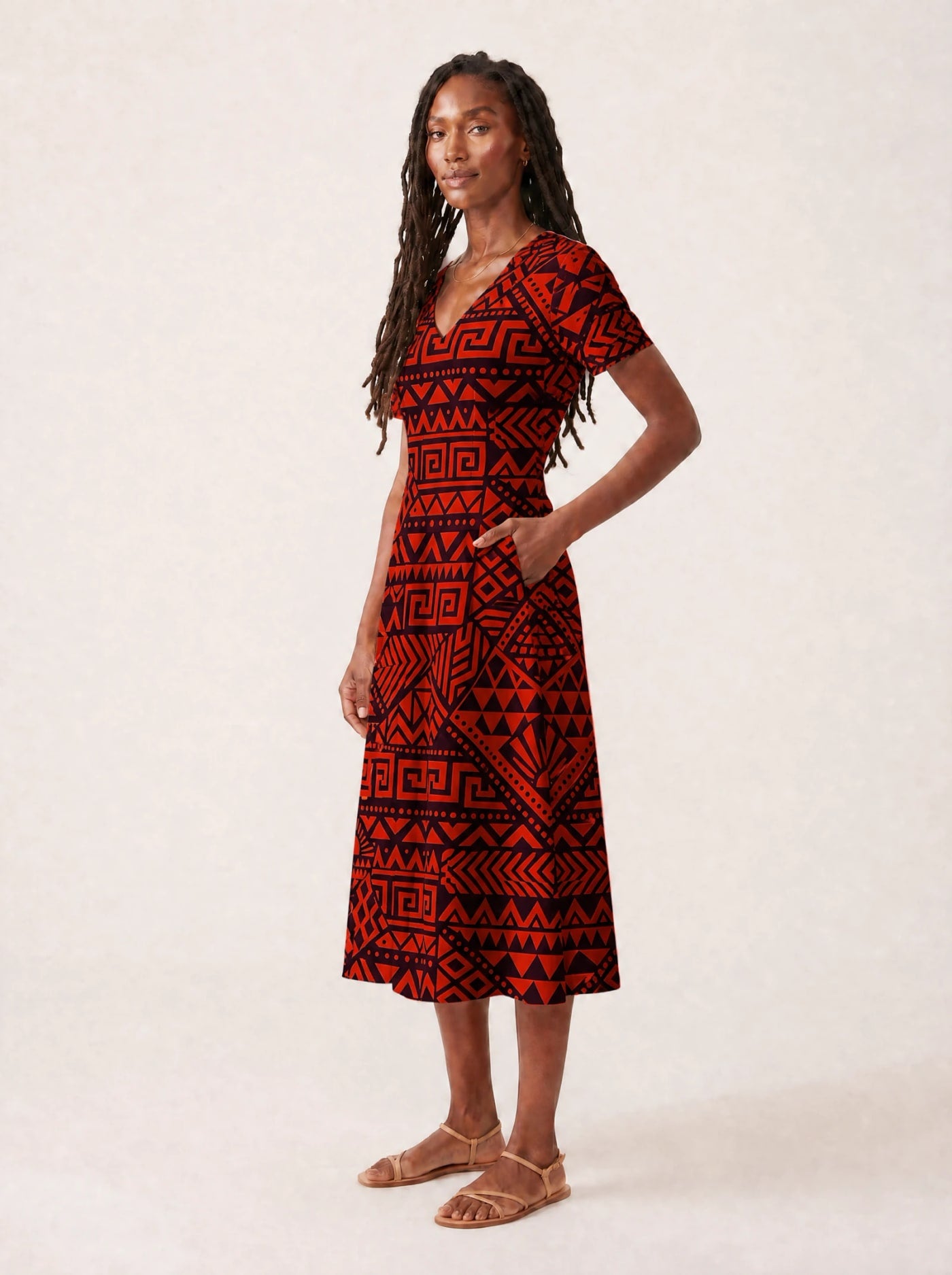 "Shaka Burgundy" V Neck Midi Dress Promo