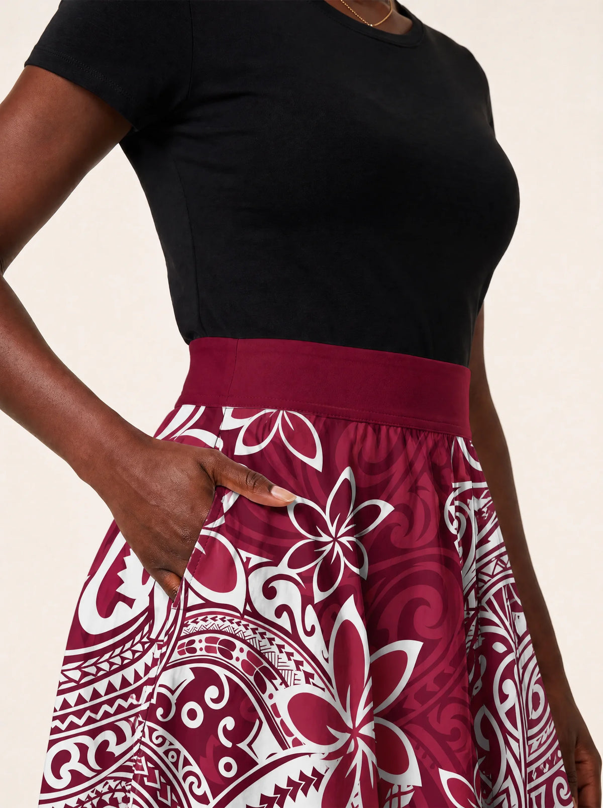 "Lehua" Twirl Skirt — waistband and pocket close-up