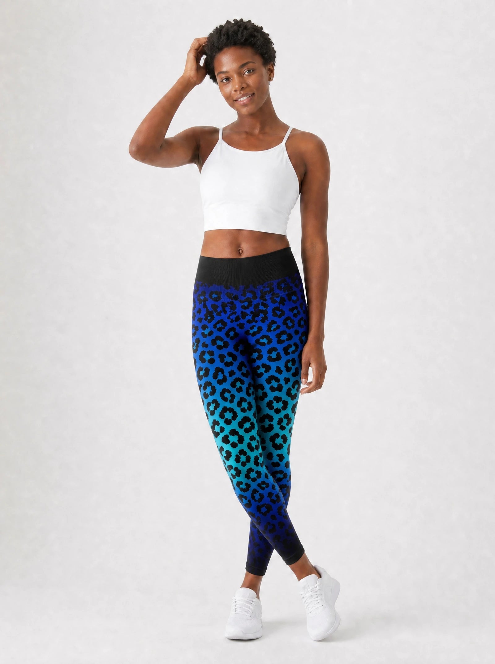 "Unstoppable" Sapphire Leopard Leggings — full body view on model