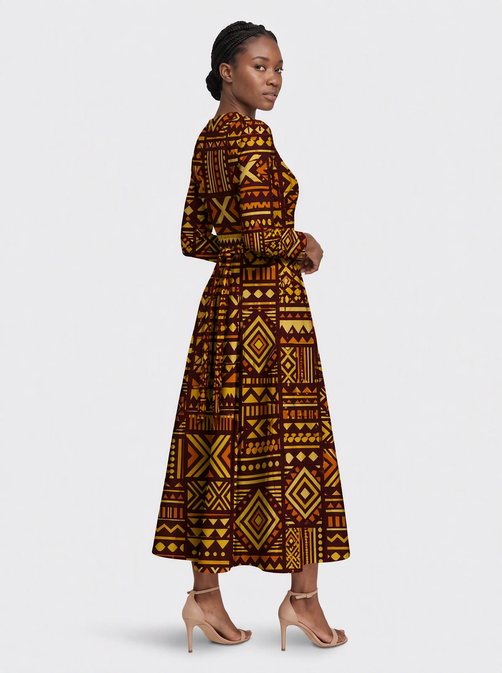 "Mudcloth" Viscose Midi Dress — three-quarter view on model, hand in the side pocket