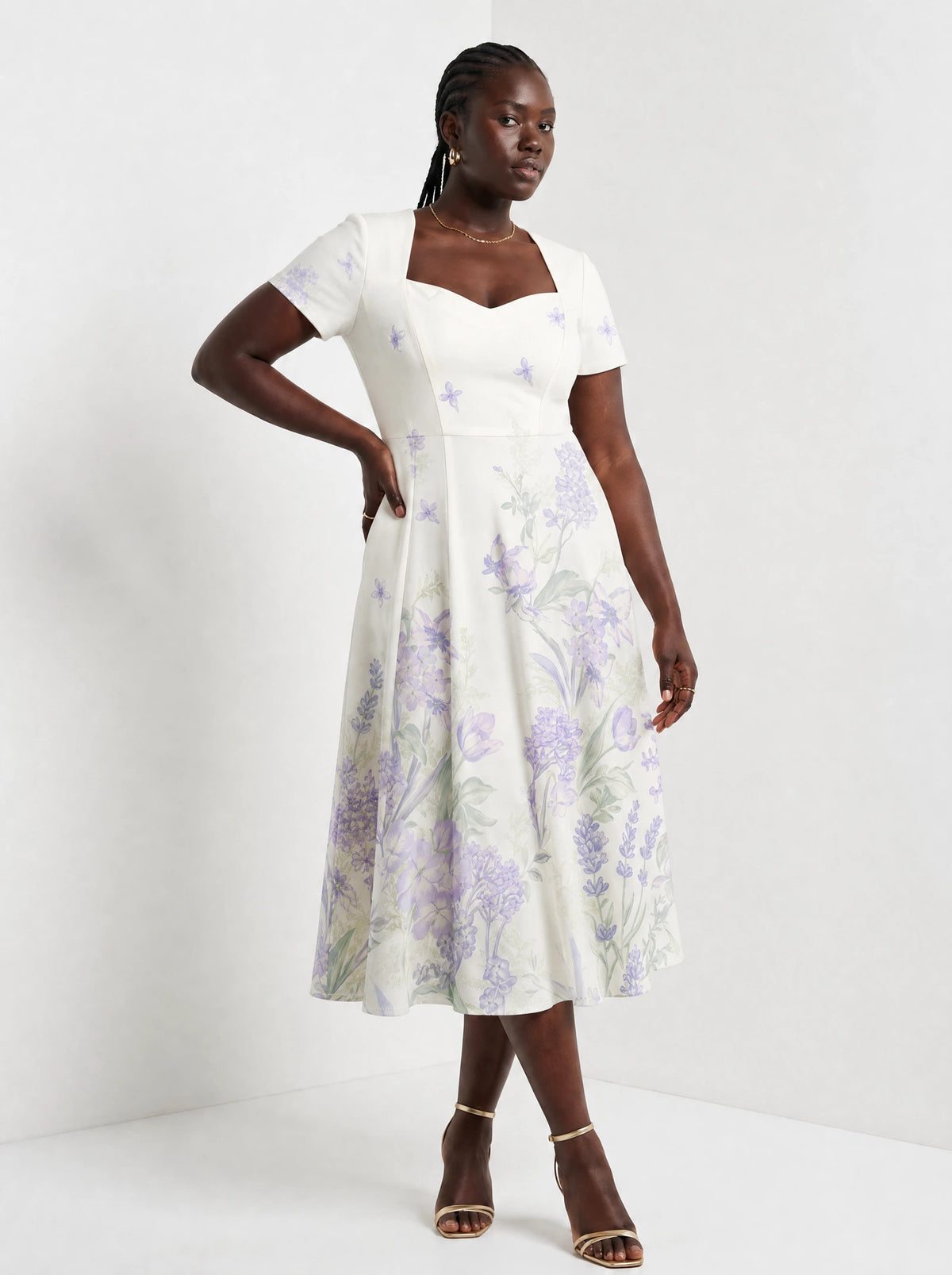 "Urujuani" Sweetheart Midi Dress — three-quarter view on model