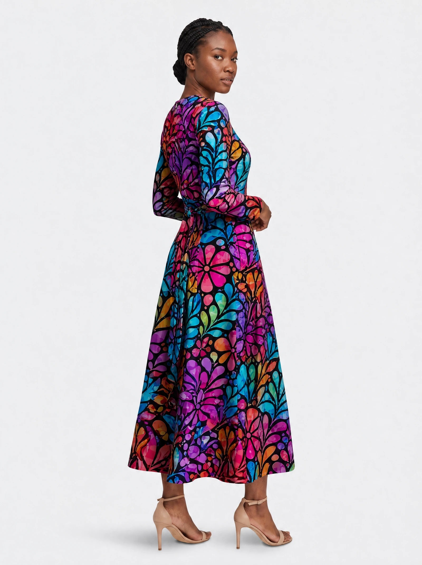 "Rangi" Viscose Midi Dress — three-quarter view on model, hand in the side pocket