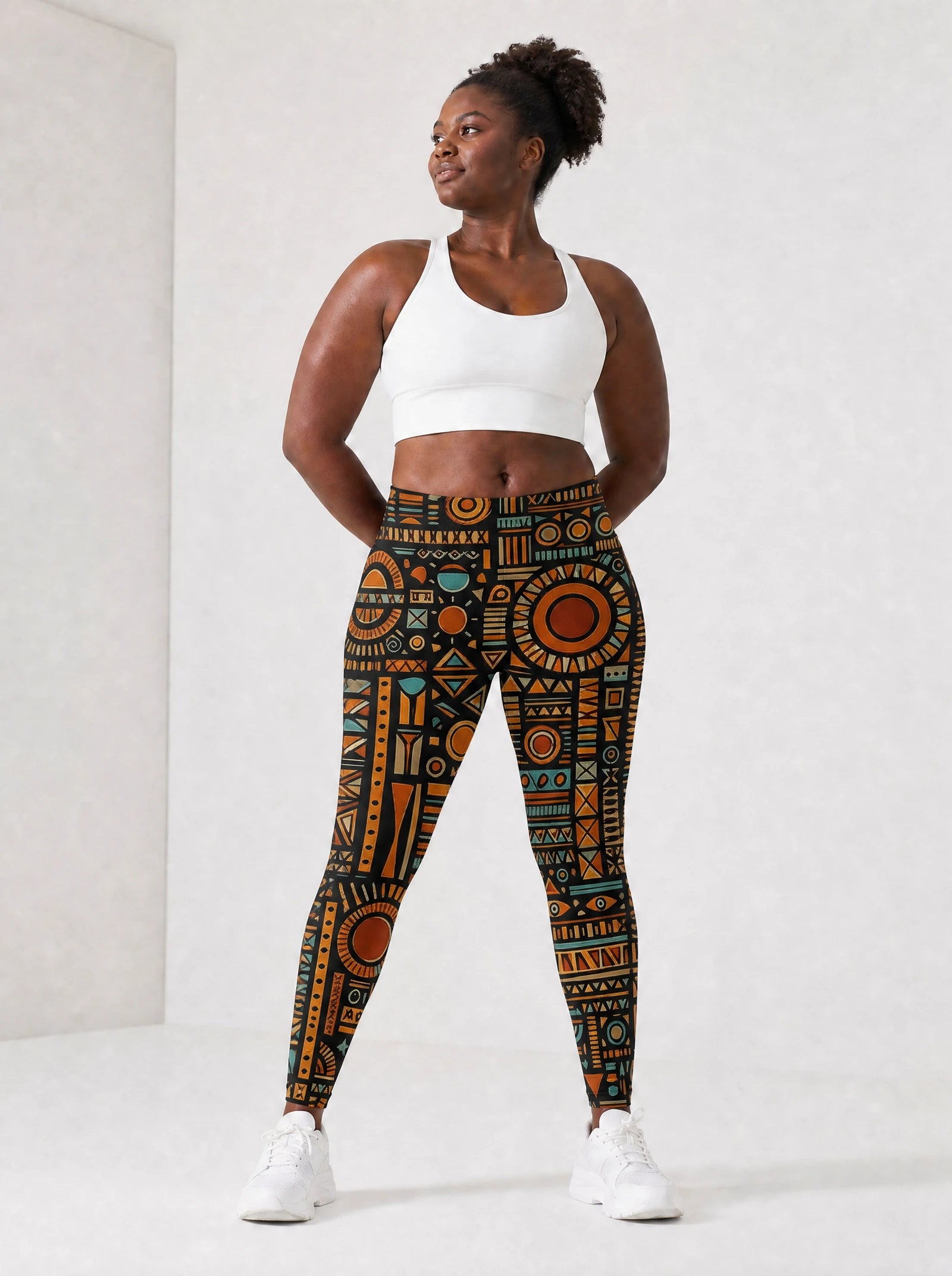 Afrocentric Pattern Leggings — full body view on model