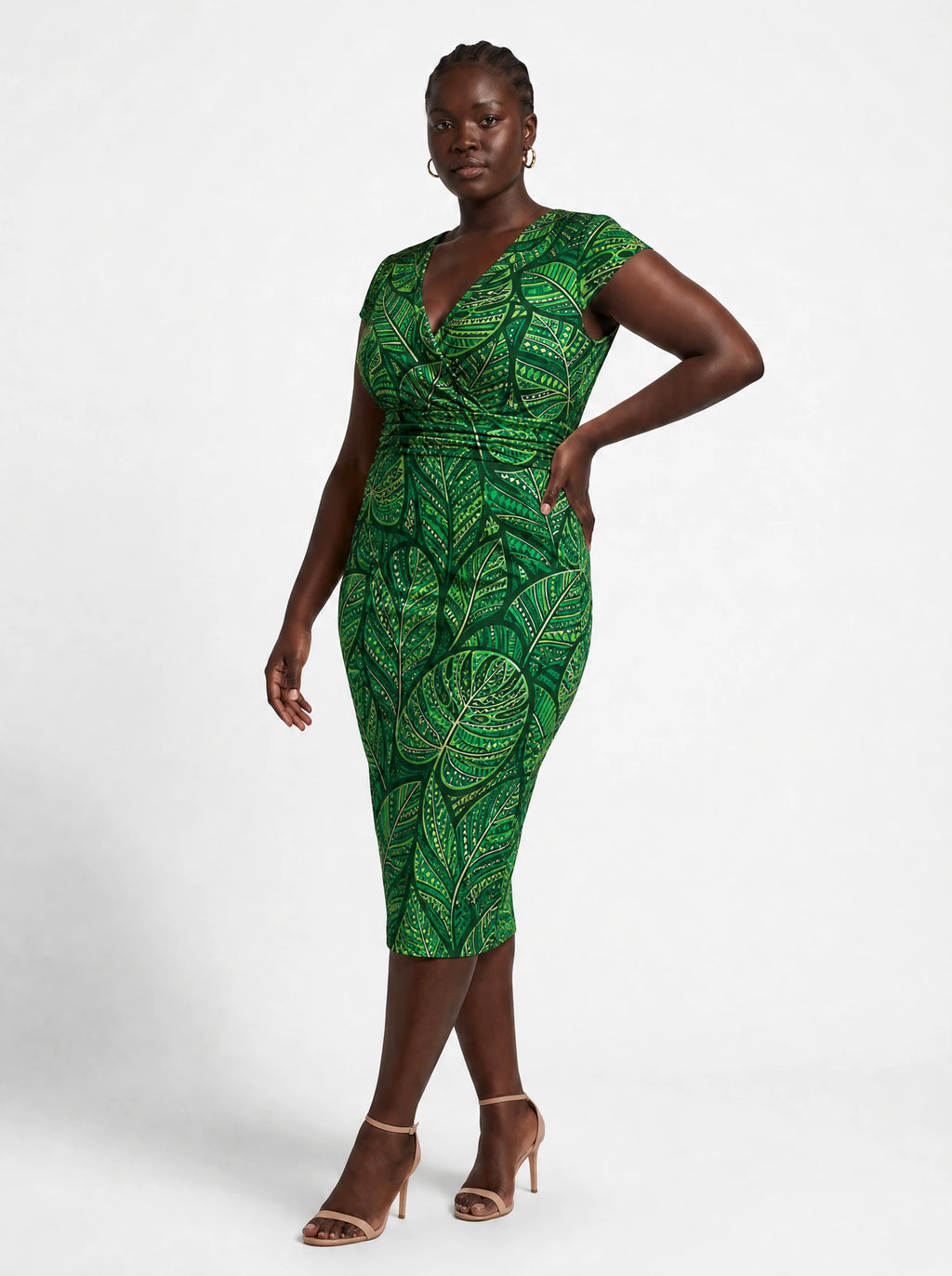 "Asili Emerald" Cap Sleeve Midi Dress — three-quarter view on model