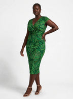 "Asili Emerald" Cap Sleeve Midi Dress — three-quarter view on model