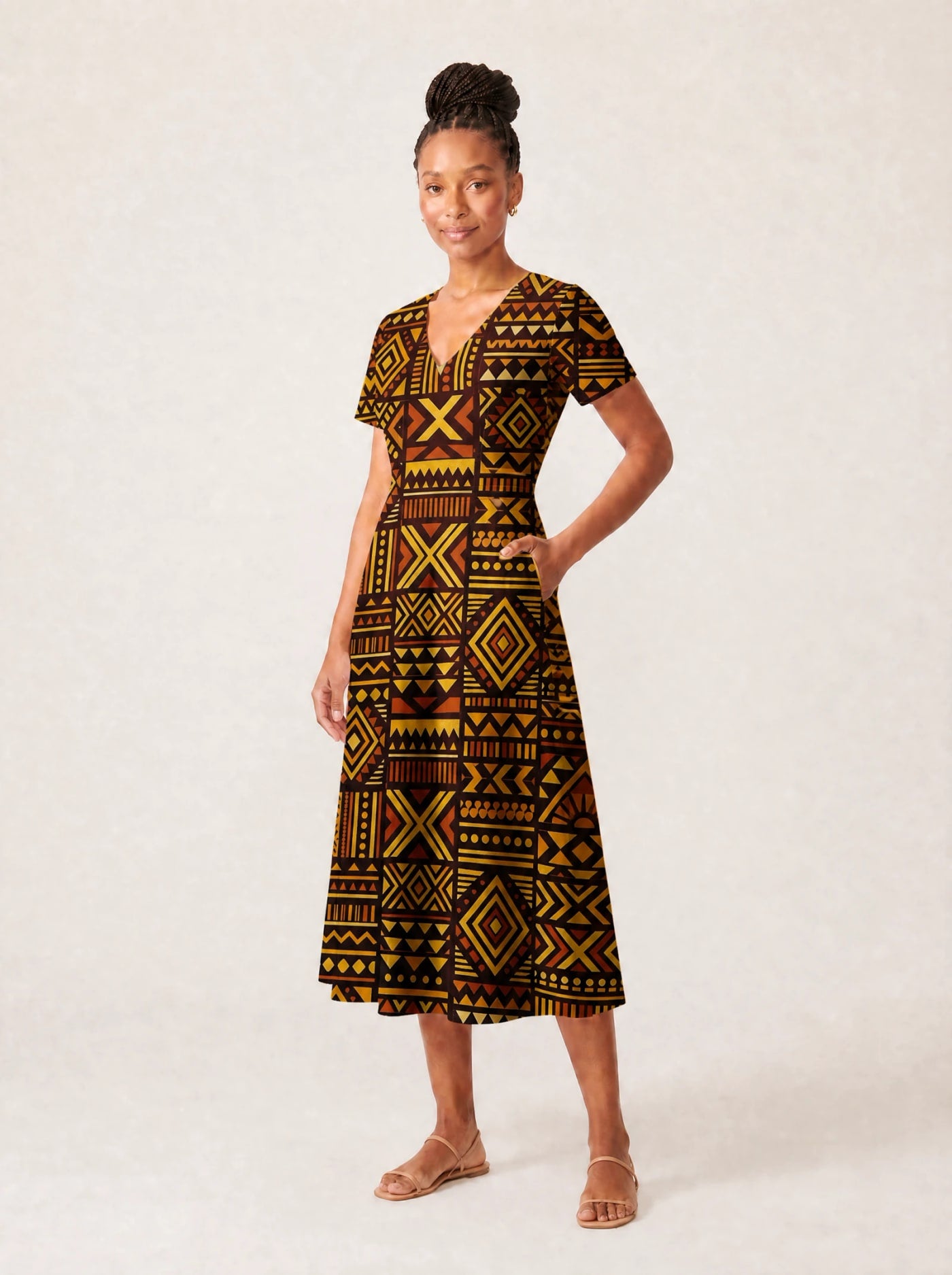 "Mudcloth" V Neck Midi Dress Promo