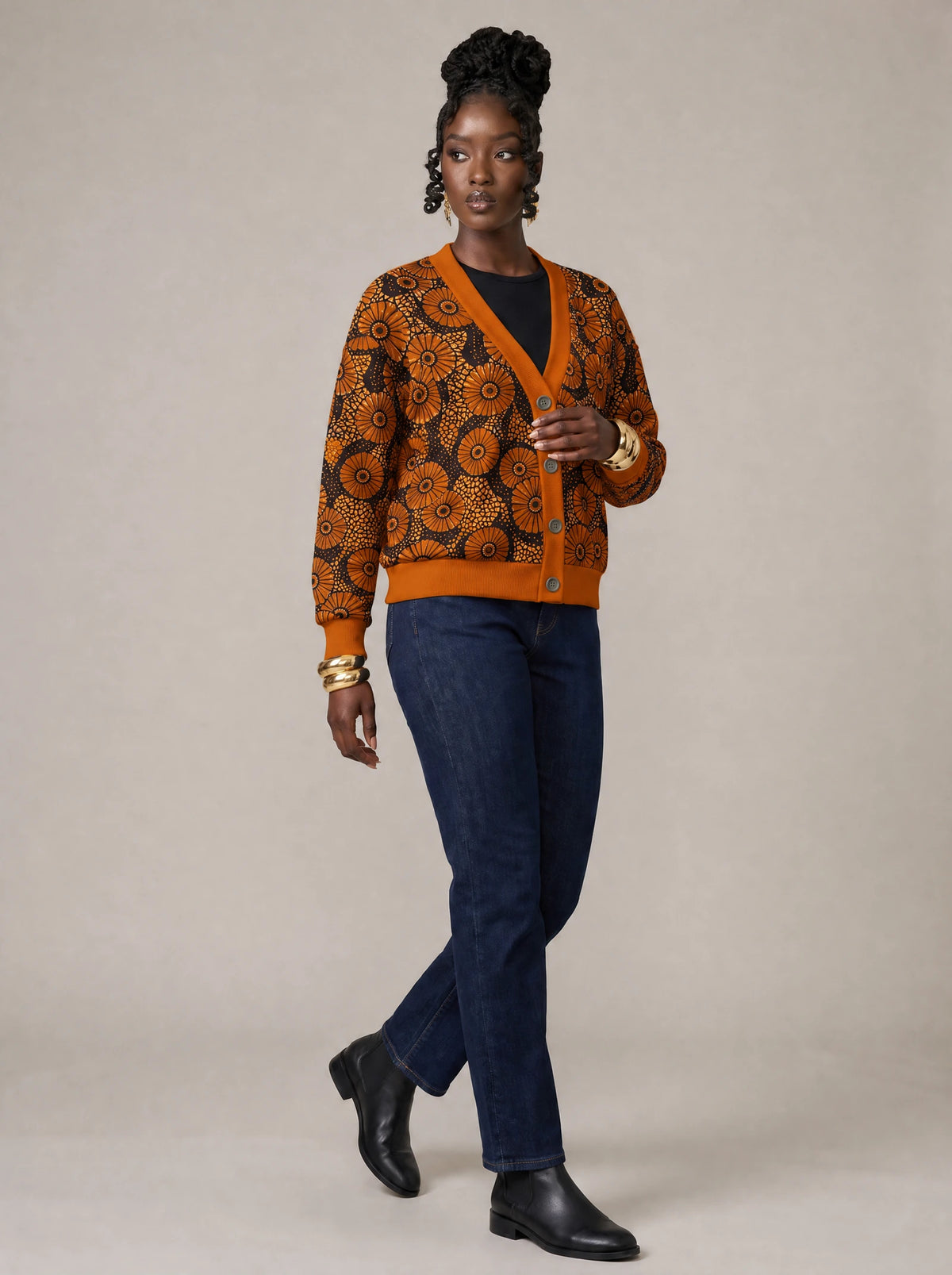 "Shada" Cardigan — three-quarter view on model