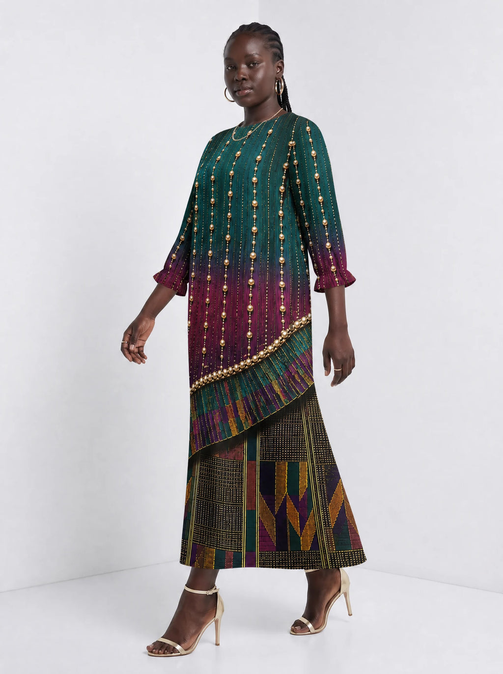 "Lulu" Long Sleeve Maxi Dress — walking, three-quarter view on model