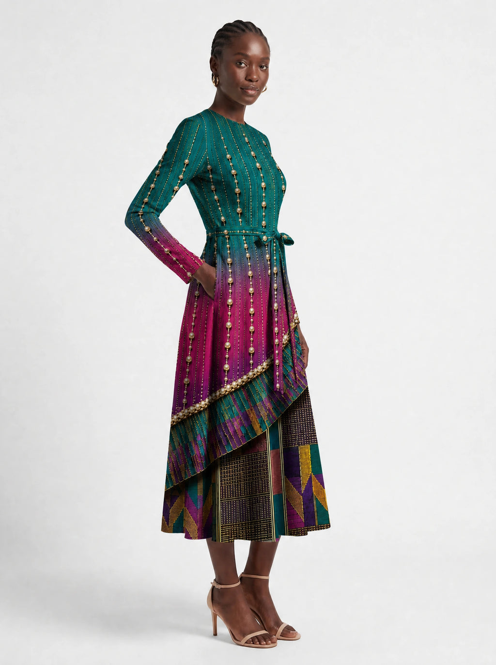 "Lulu" Long Sleeve Midaxi Dress — walking, three-quarter view on model