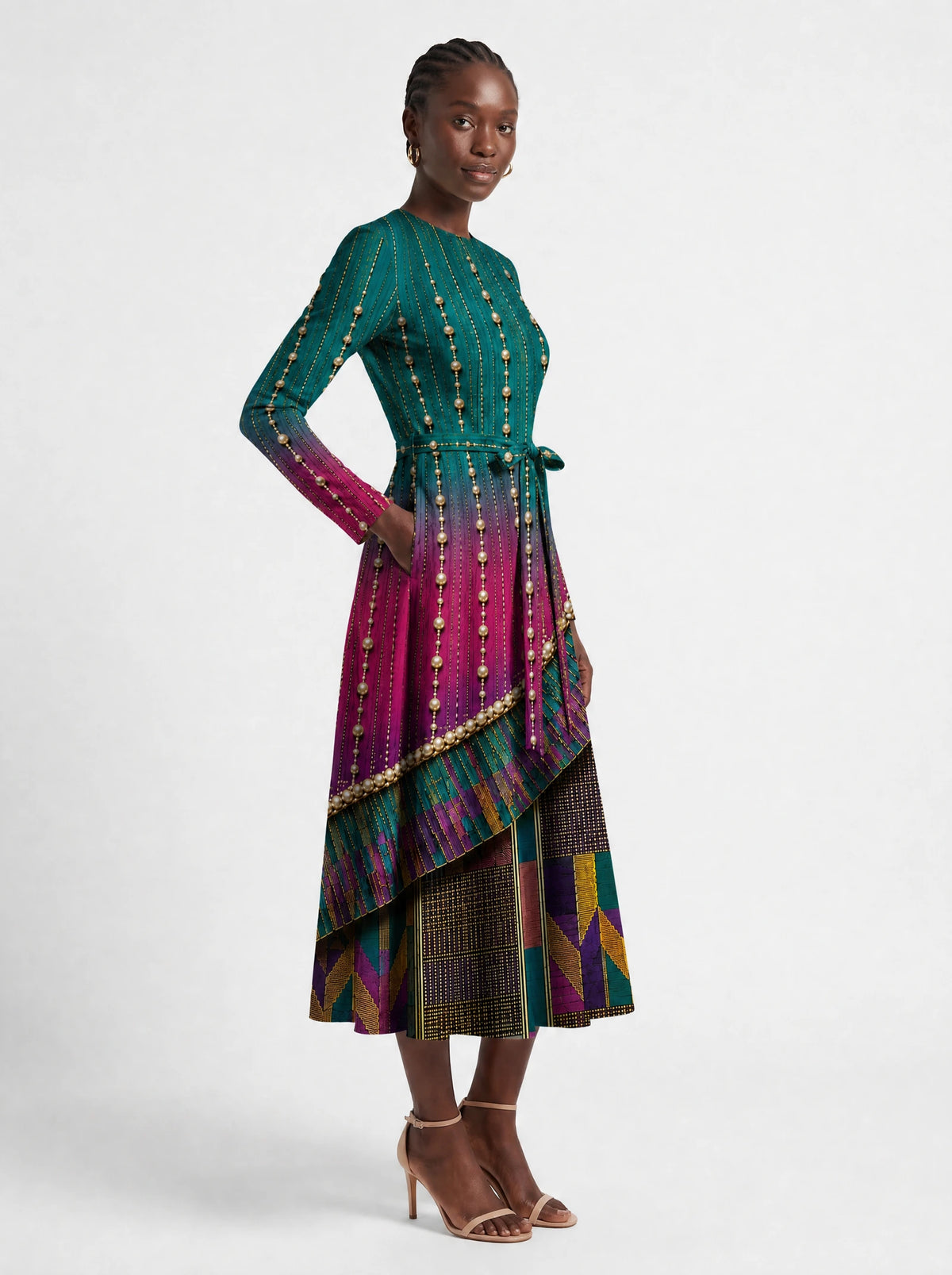"Lulu" Long Sleeve Midaxi Dress — walking, three-quarter view on model