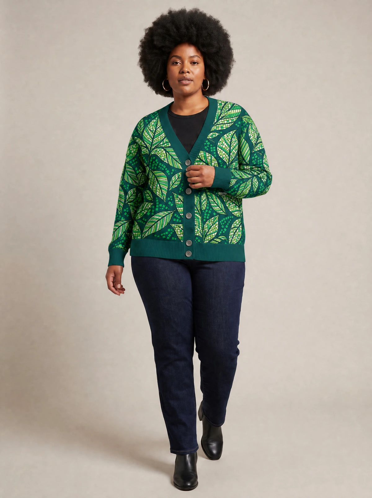 "Jani" Cardigan — three-quarter view on model