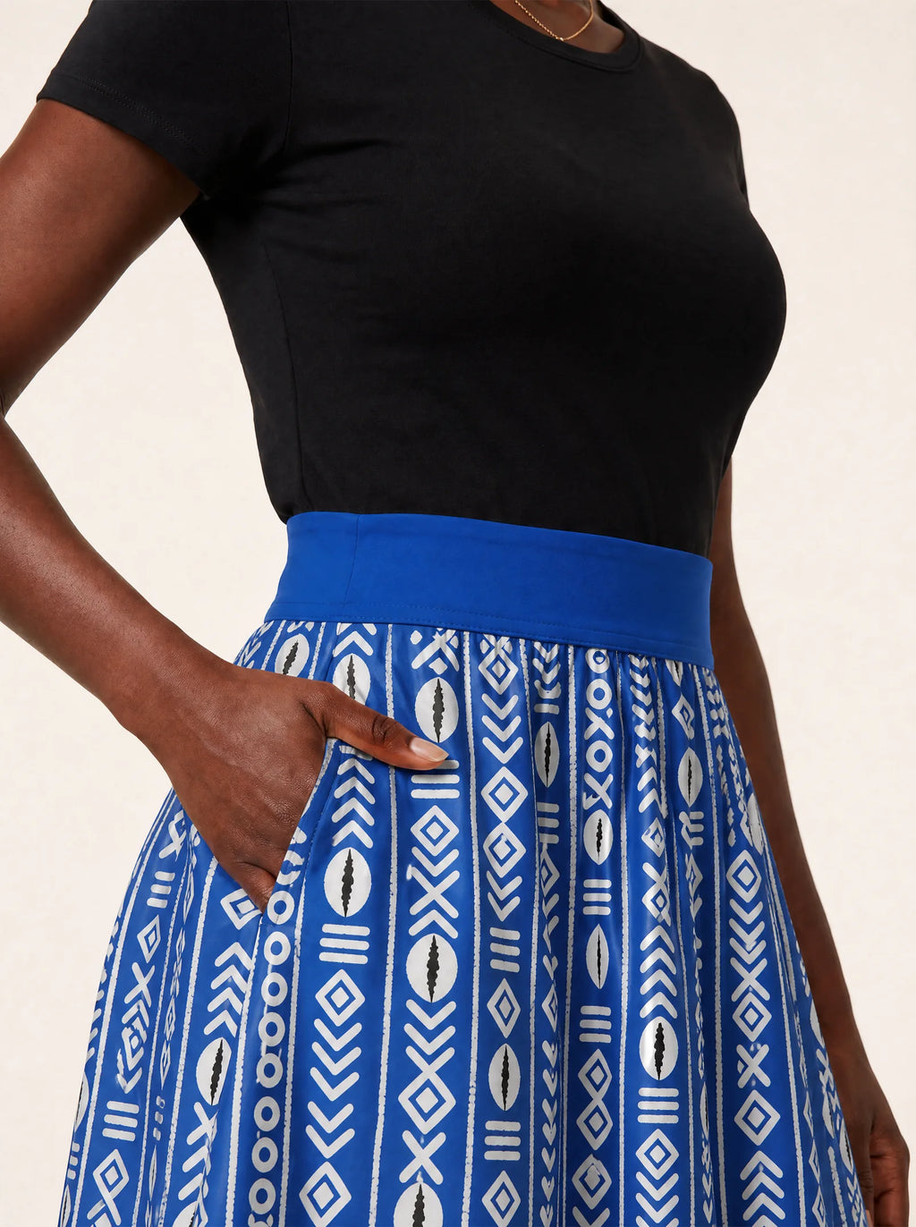"Oshun Royal Blue" Twirl Skirt — close-up of the waistband and side pocket