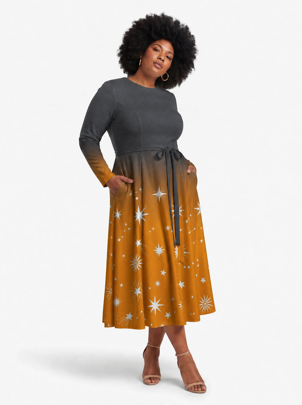 "Nuru" Long Sleeve Midaxi Dress — walking, three-quarter view on model