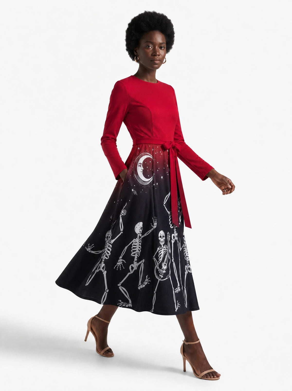 "Mwezi" Halloween Long Sleeve Midaxi Dress — walking, three-quarter view on model