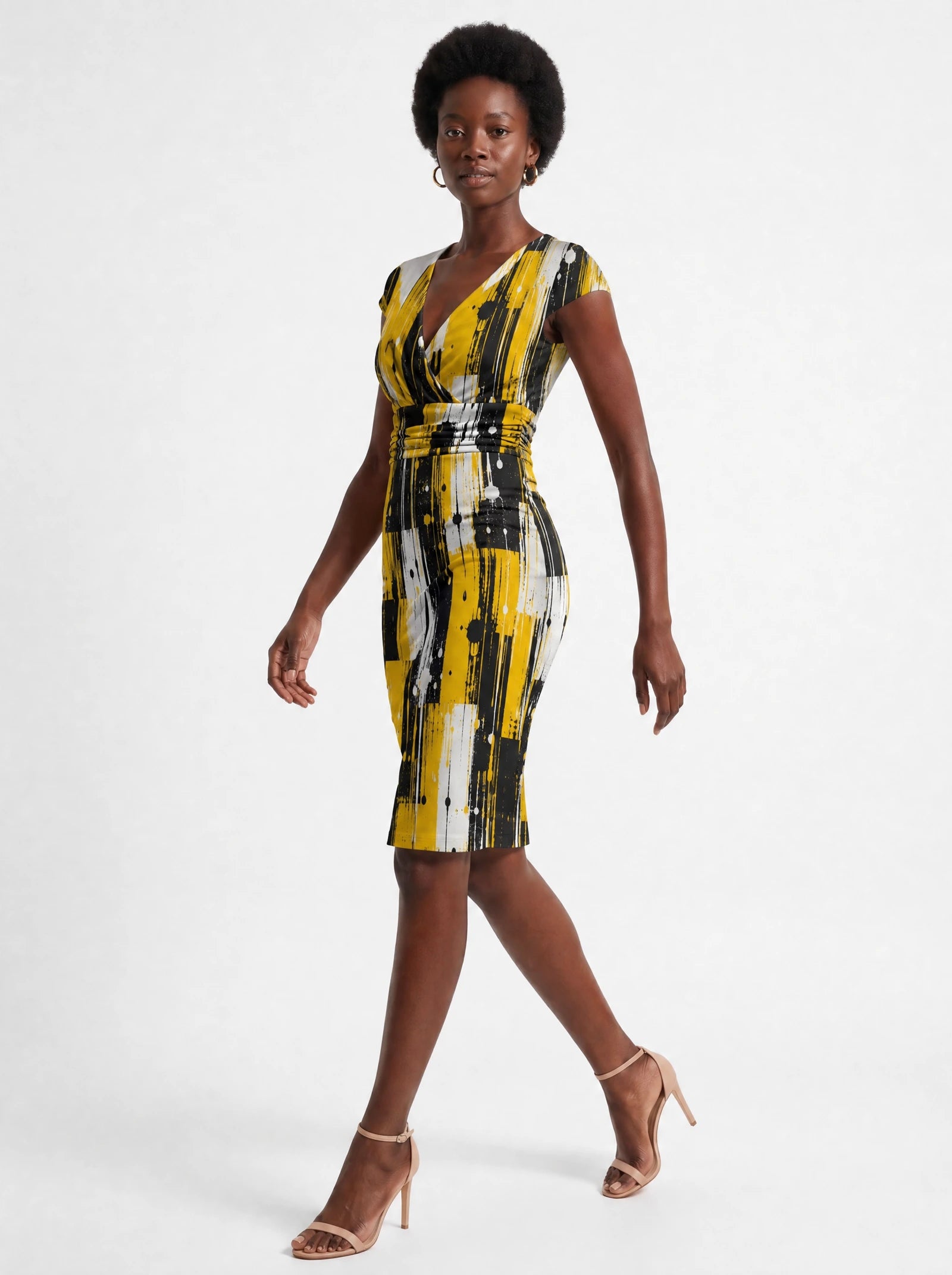 "Mvua" Cap Sleeve Midi Dress — three-quarter view on model