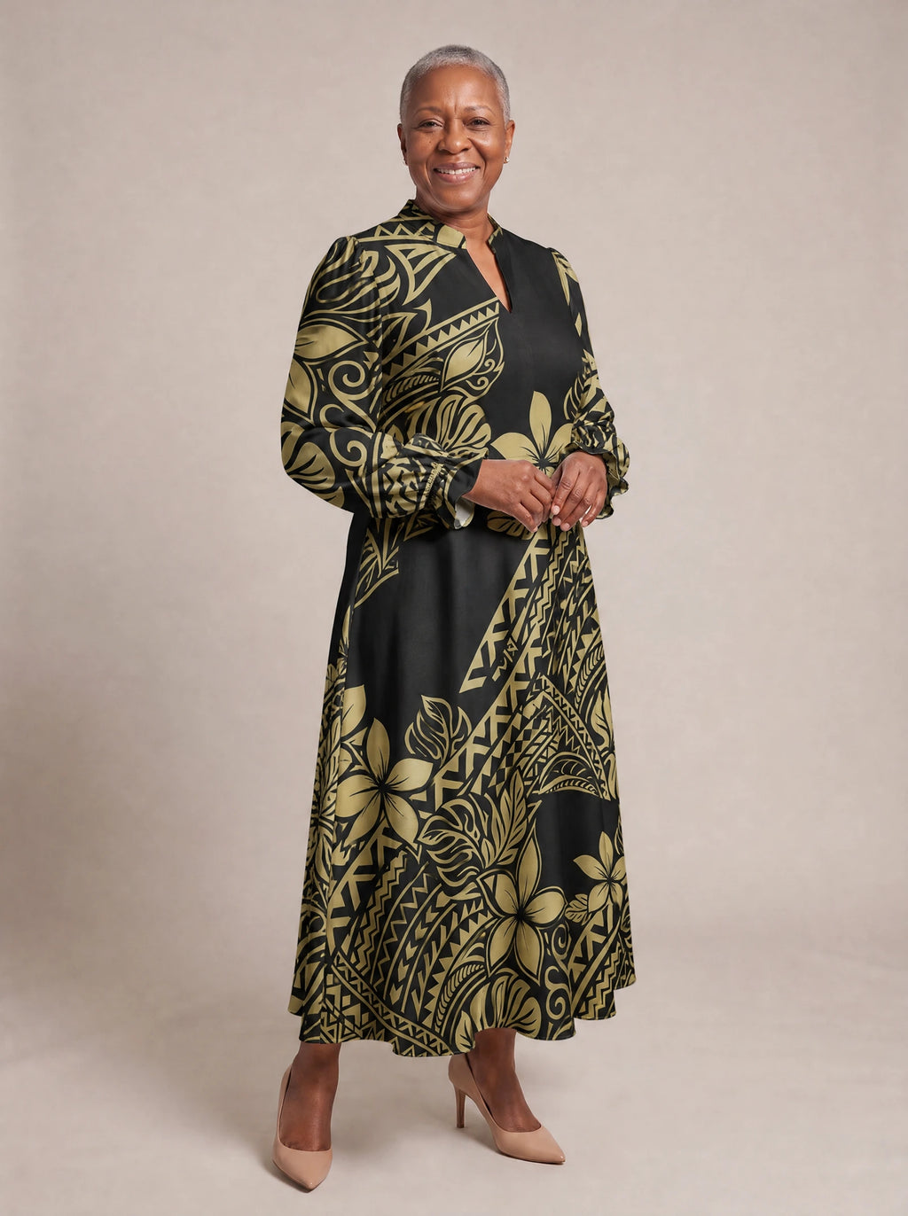 "Pualani" Long Puff Sleeve Dress — walking, three-quarter view on model