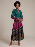 "Lulu" Long Puff Sleeve Dress — walking, three-quarter view on model