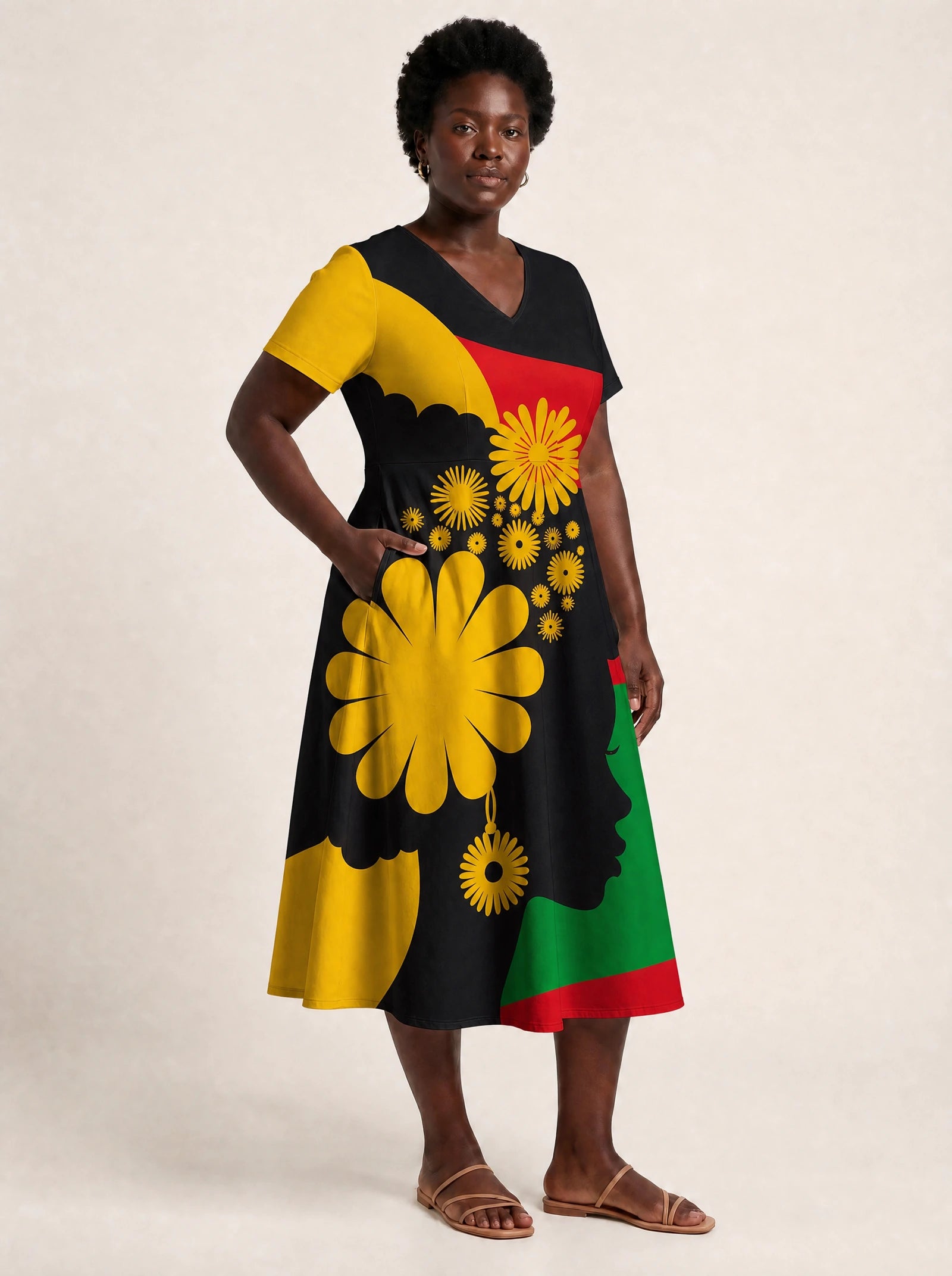 "Furaha" V Neck Midi Dress