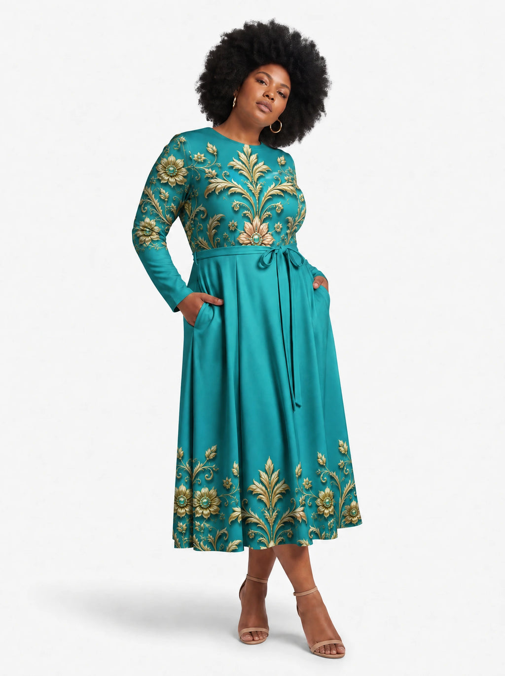 "Heshima" Long Sleeve Midaxi Dress — walking, three-quarter view on model