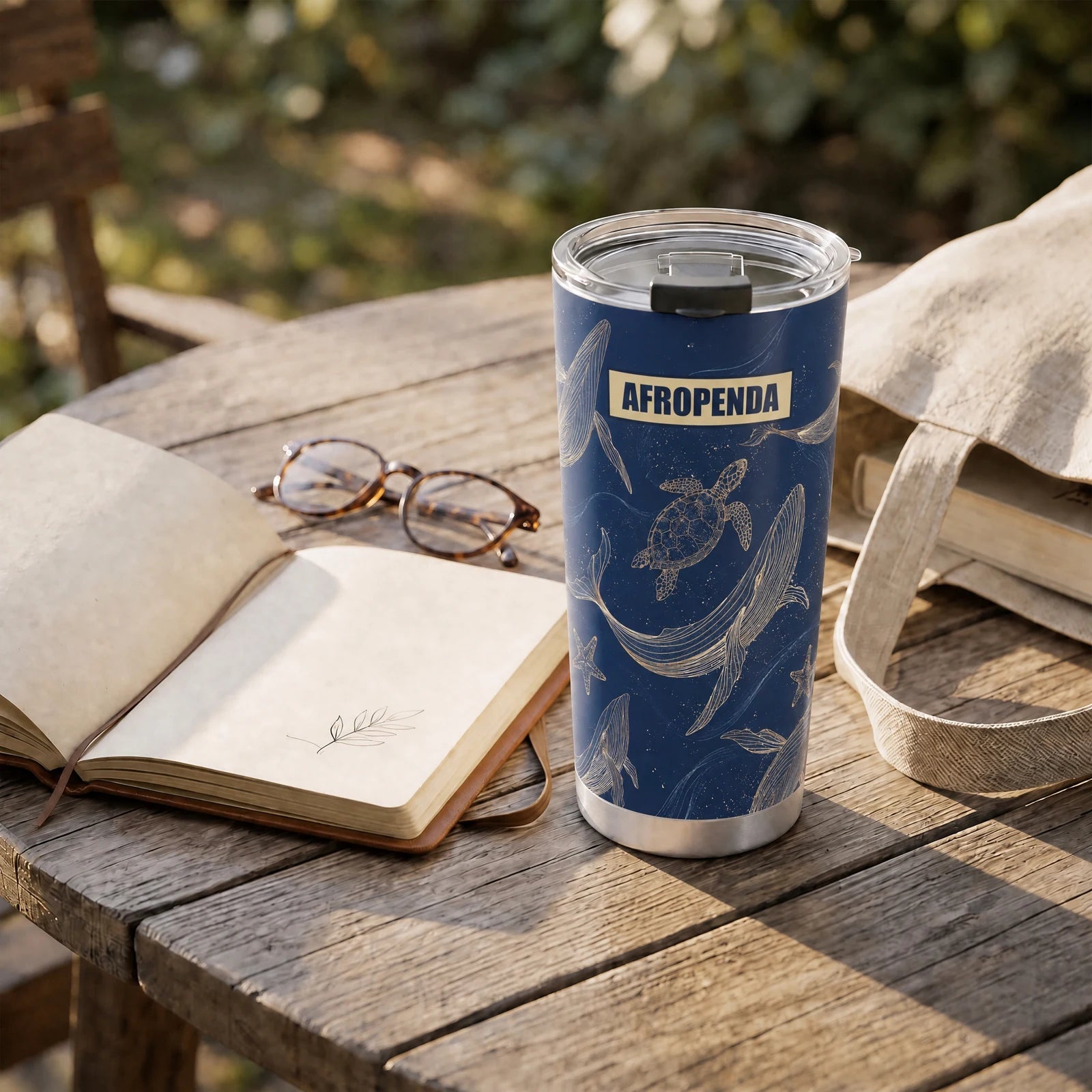 "Pwani" Tumbler — on a garden table beside an open book