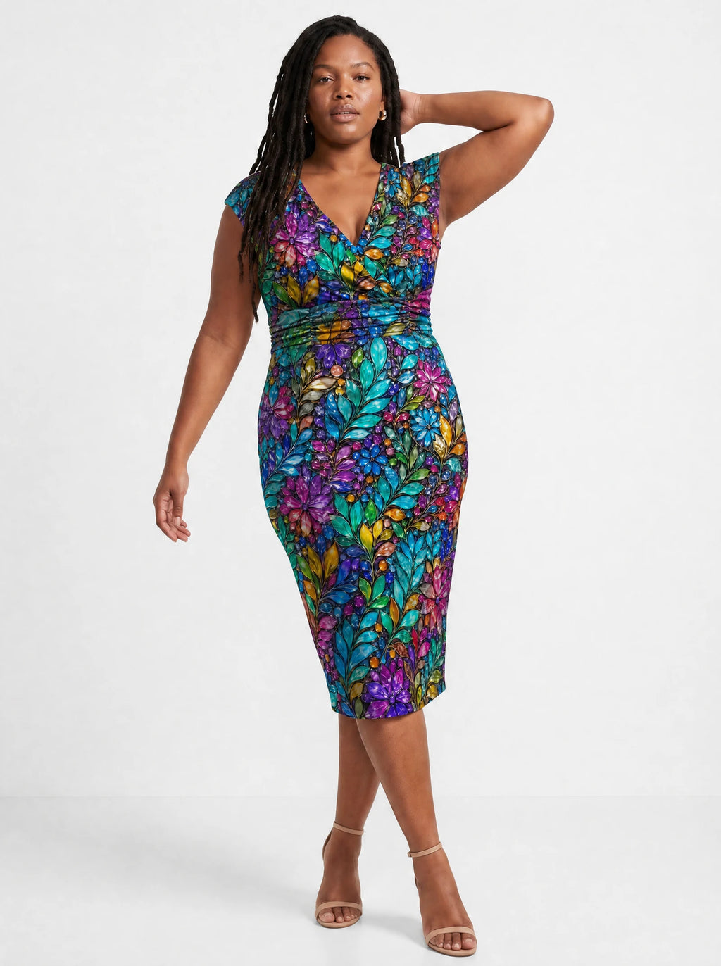 "Upinde" Cap Sleeve Midi Dress — three-quarter view on model
