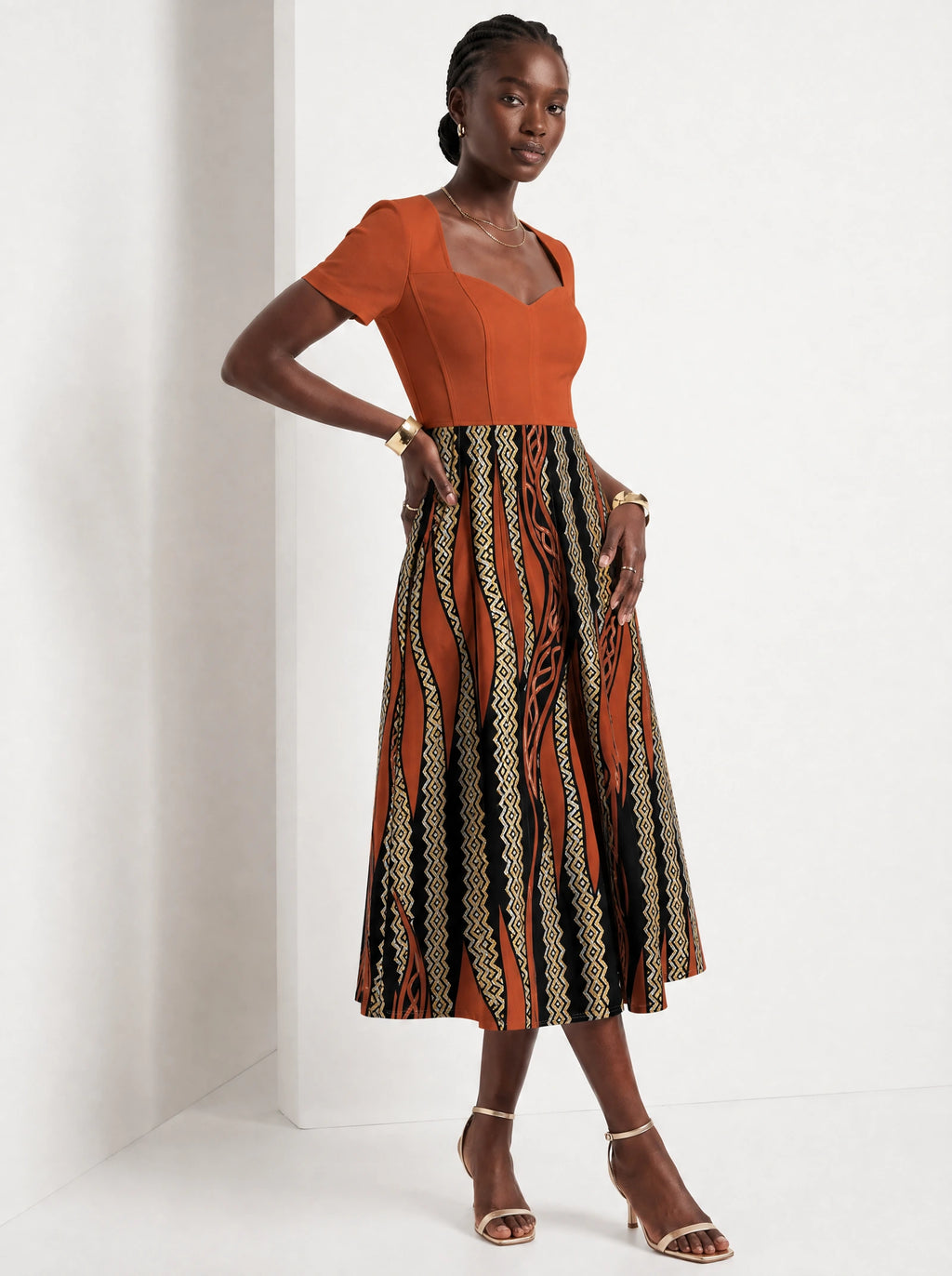 "Miali" Sweetheart Midi Dress — three-quarter view on model